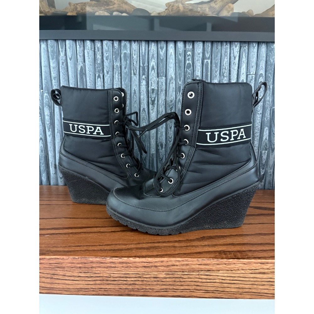 US Polo Assn Korine Black Wedge Lace Up Boots USPA NW8999-A Womens Size 8.5